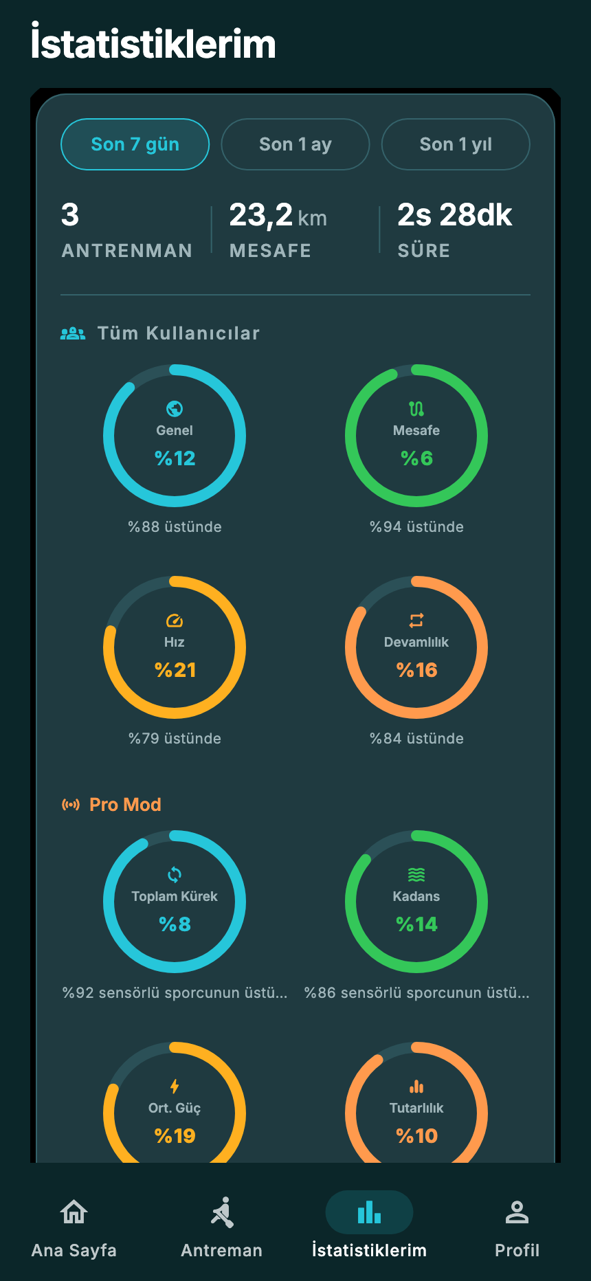 Paddle Sensor uygulamasında yüzdelik dilimleri ve Pro Mod verilerini gösteren istatistik ekranı